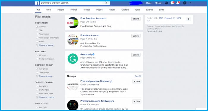 Search Facebook Groups for Free Grammarly Premium Accounts